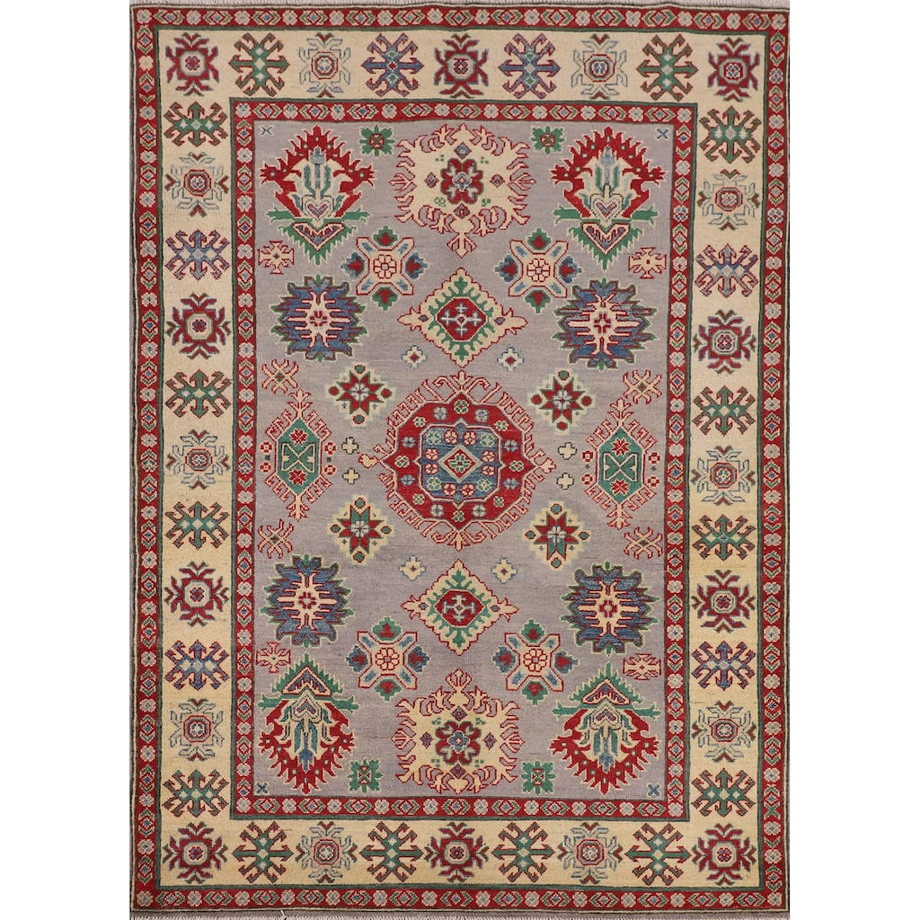 Grey Geometric Kazak Oriental Area Rug Handmade Wool Carpet - 5'1" x 6'9"
