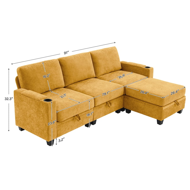 Chenille Storage Sofa, 3 Seats with a Removable Ottoman