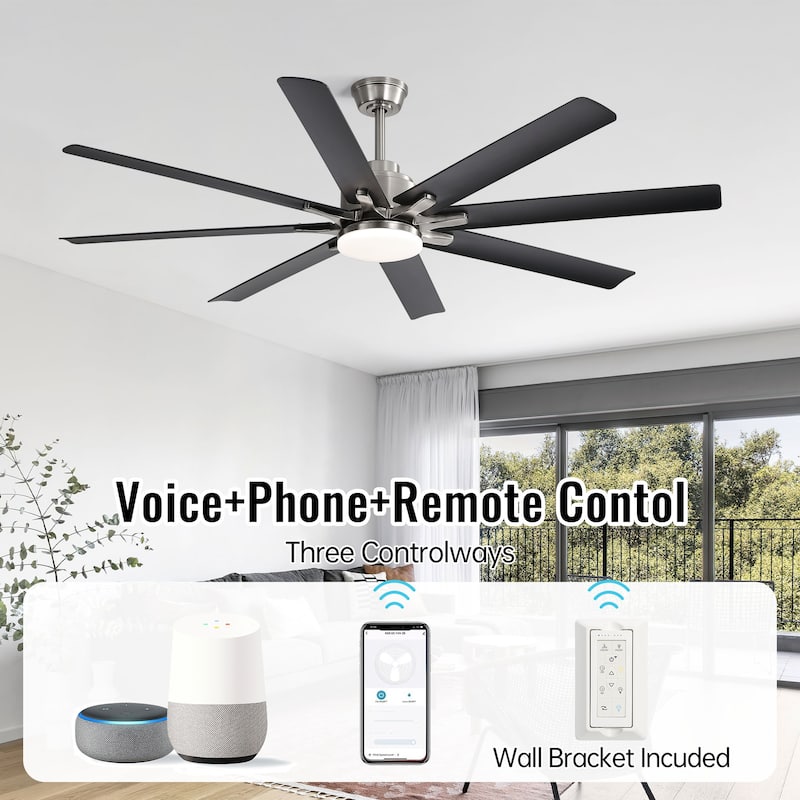 52 Inch/66 Inch/72 Inch Modern Ceiling Fan with Dimmable LED Light ,Remote&APP Control,8 Blades for Large Living Room,Porch - 66 Inch - Nickel Black