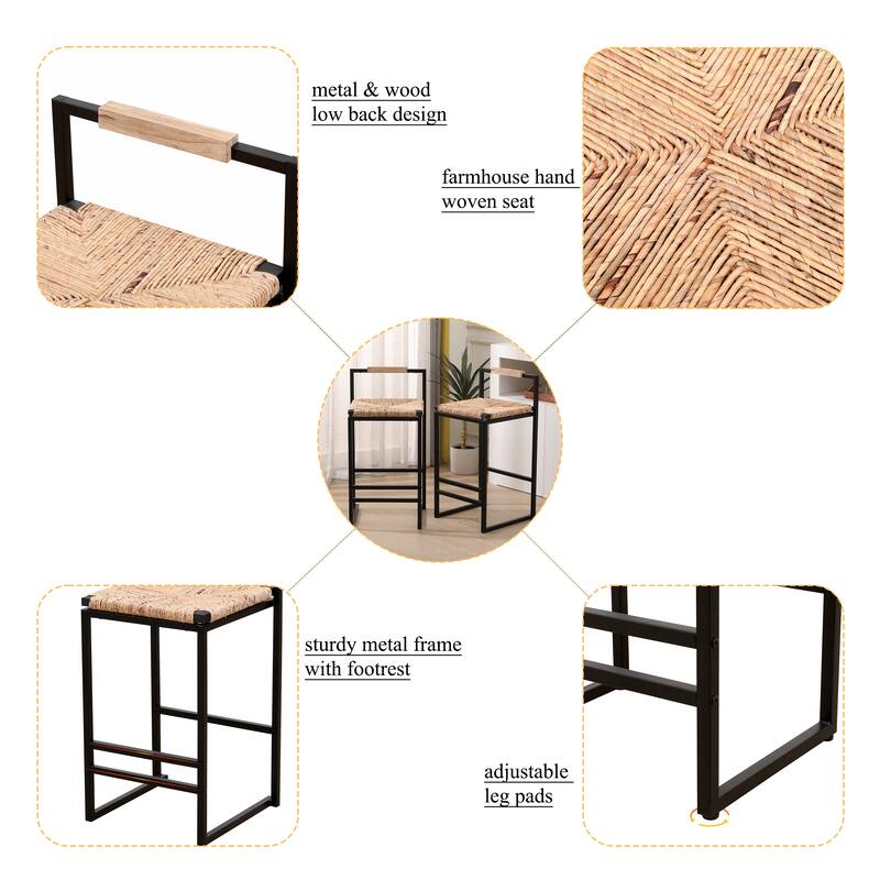 Set of 2 Bar Stools with Back Paper Rope Woven Counter Height Dining Chairs for Kitchen, Home