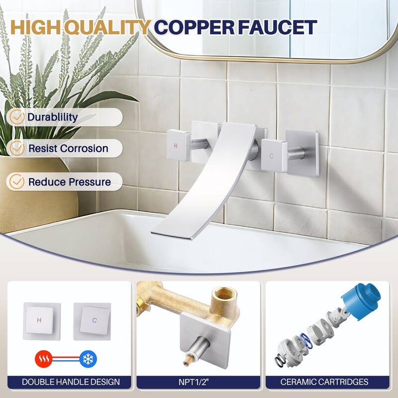 WOWOW Double Handle Wall Mounted WaterFall Bathroom Faucet