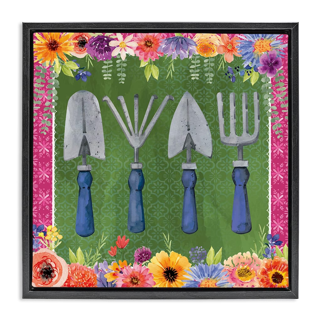 Stupell Gardening Tools & Floral Border Framed Floater Canvas Wall Art Design By Nicole DeCamp