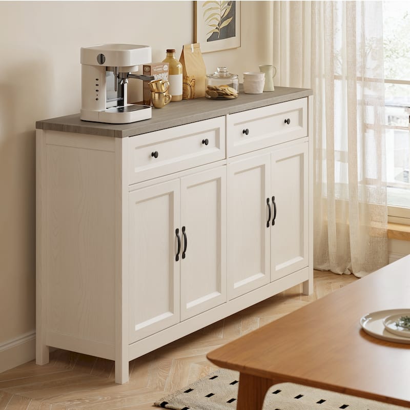 Farmhouse Kitchen Sideboard Buffet Cabinet with Storage, Wood Coffee Bar and Storage Sideboard with 2 Drawers and 4 Doors