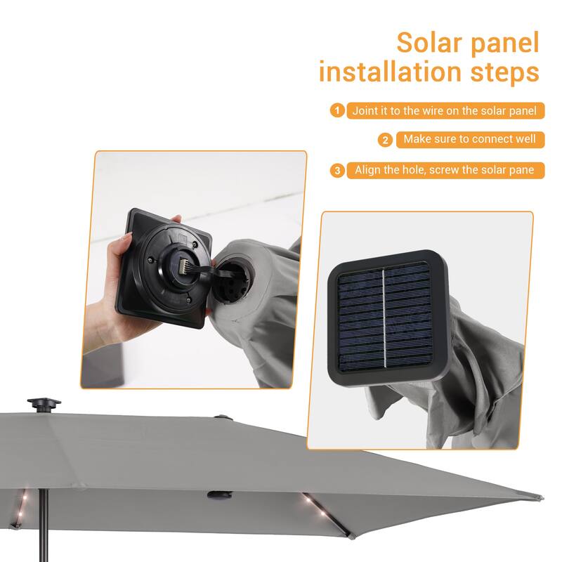 LIVOOSUM 10 x 6.5Ft Solar-powered Large Double-Sided Rectangular Outdoor Patio Market Umbrella with Crank, Gray