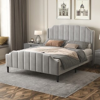 Queen Size Velvet Fabric Upholstered Platform Bed with Headboard and ...