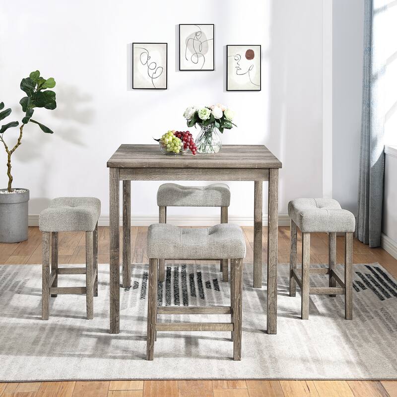 Roomfitters 5-Piece Dining Table Set with Upholstered Stools, Industrial Bar Table for Dining or Breakfast Nook