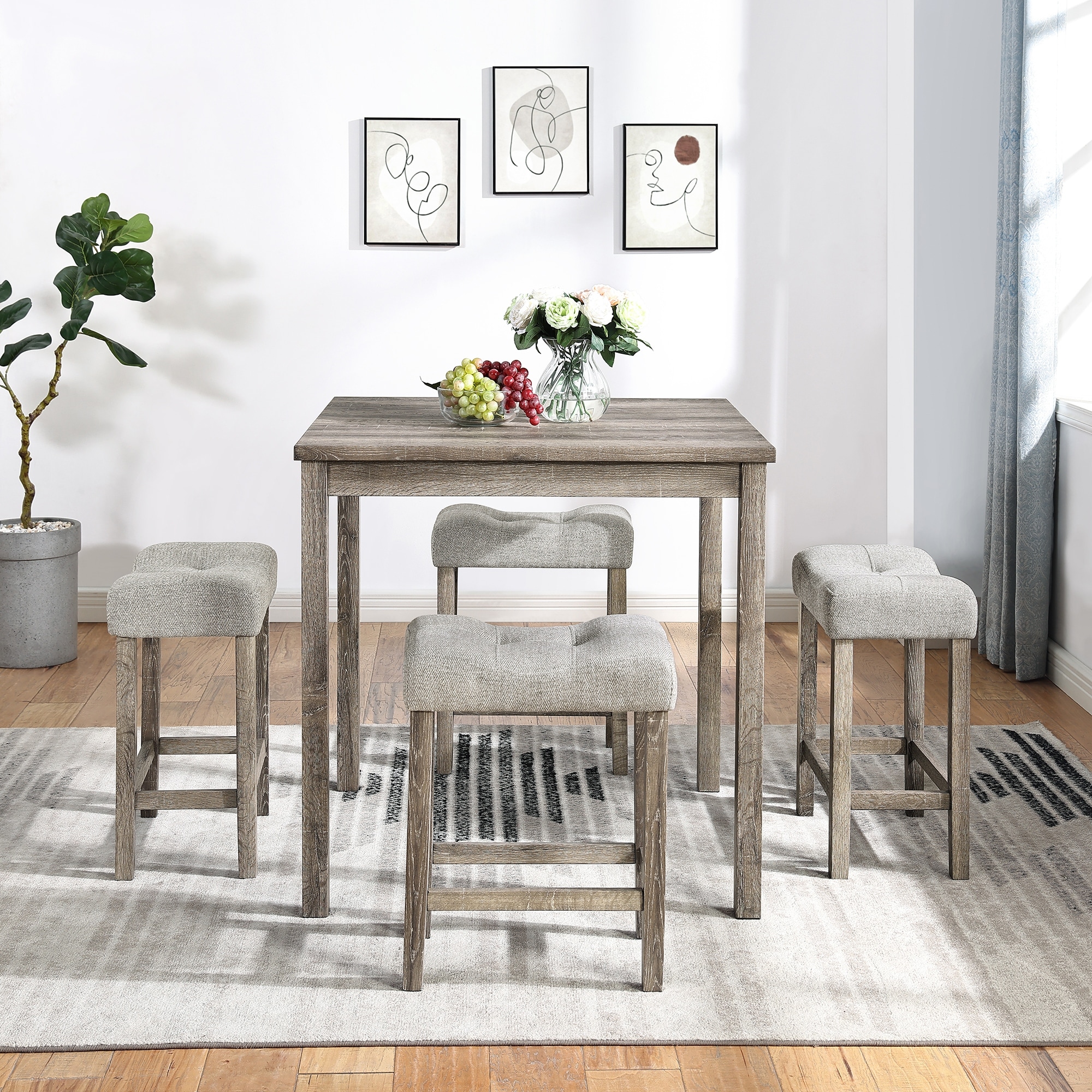 Square 5 Piece Breakfast Nook Dining Table Set w Ergonomic Bar