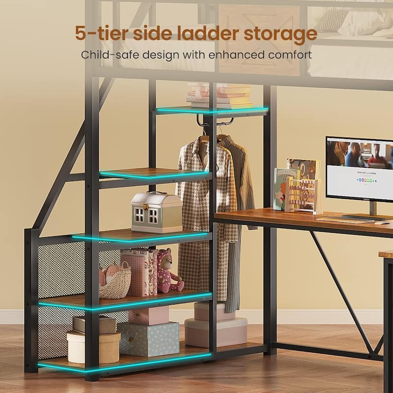 Stairway Twin Size Loft Bed with L Shaped Desk and Wardrobe 3 Drawers