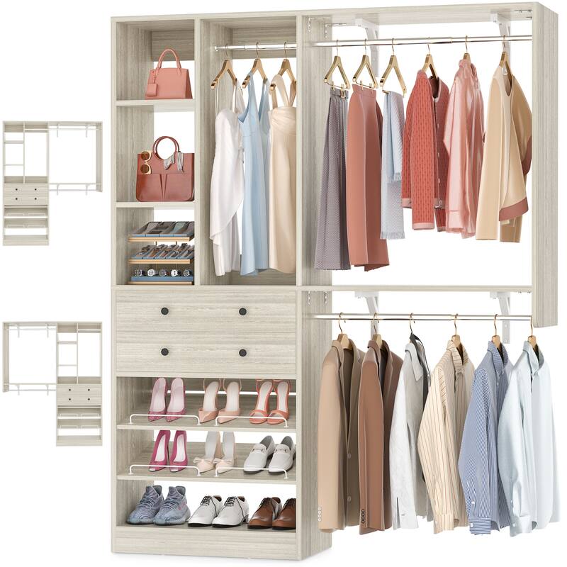 Grimm 5FT Small Closet System with Drawers, 60" Closet Organizer System with Reversible Hanging Shelving