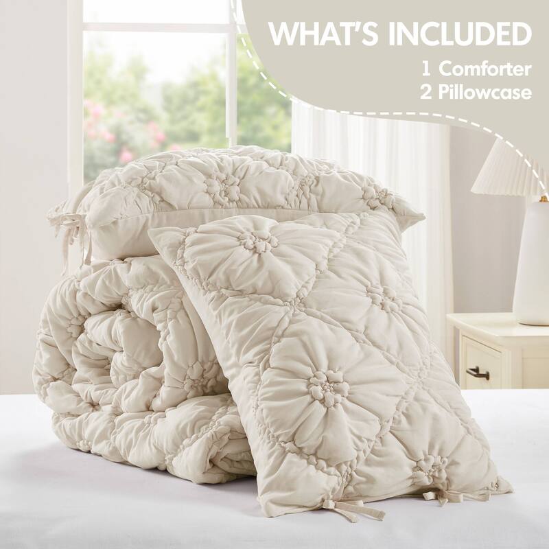 3PCS Full/Queen Textured Floral Comforter Set with Shams Puffy Design All Season Comfort