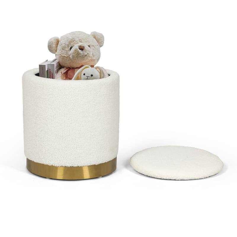 Adeco Velvet Round Storage Stool Gold Plating Base Storage Ottoman