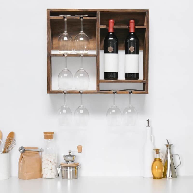 Elegant Designs Bartow Wall Mounted Wood Wine Rack Shelf with Glass Holder - 19.70 x 4.40 x 16.40 (L x W x H) - Restored Wood