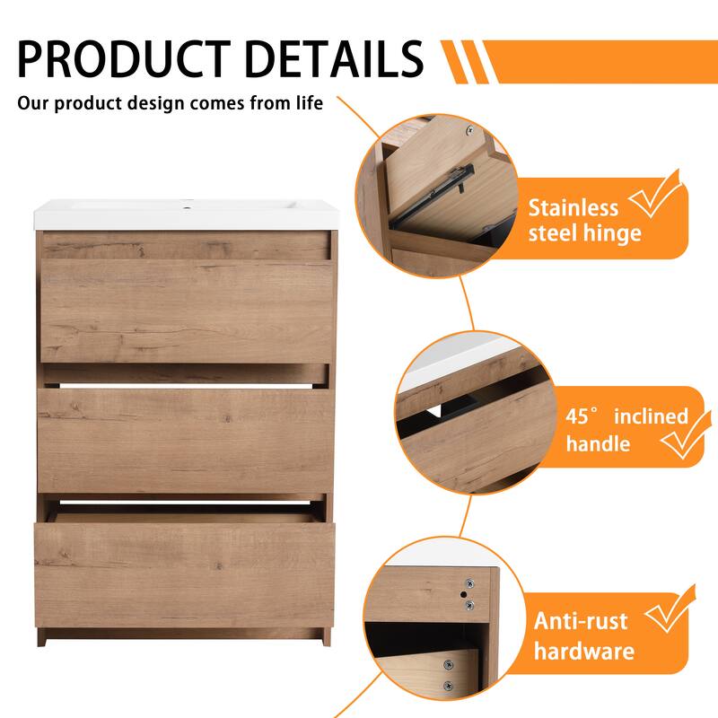 Bathroom Vanity With Sink In 24/72 Inch, Freestanding Bathroom Vanity With Soft Close Drawer and Adjustable Shelf