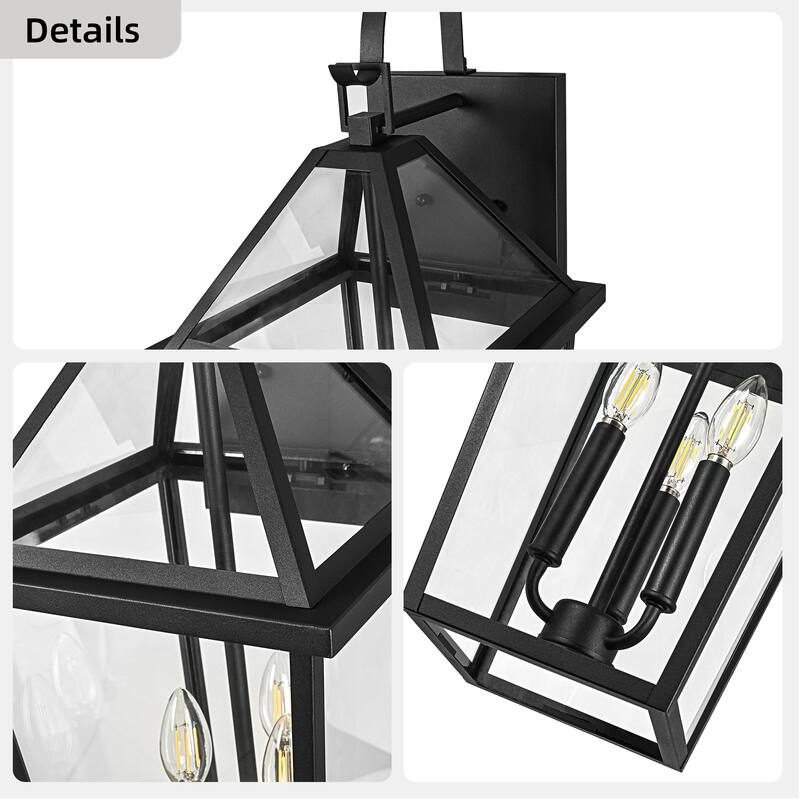 26 in. 3-Light Black Outdoor Hardwired Wall Lantern Sconce with Clear Glass Shade