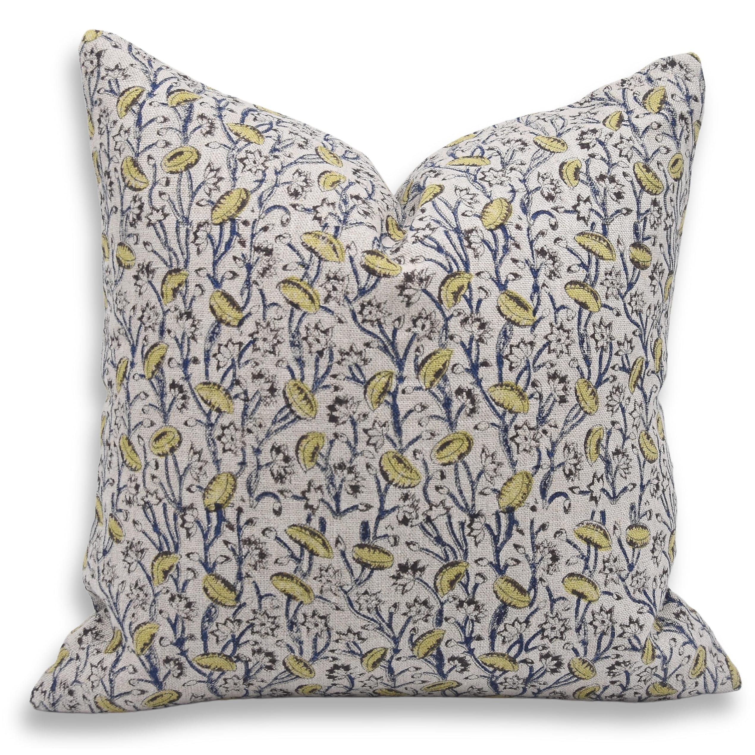 Fabdivine Vintage Hand Floral Block Print Linen Pillow Cover Sofa Cushion, Pista