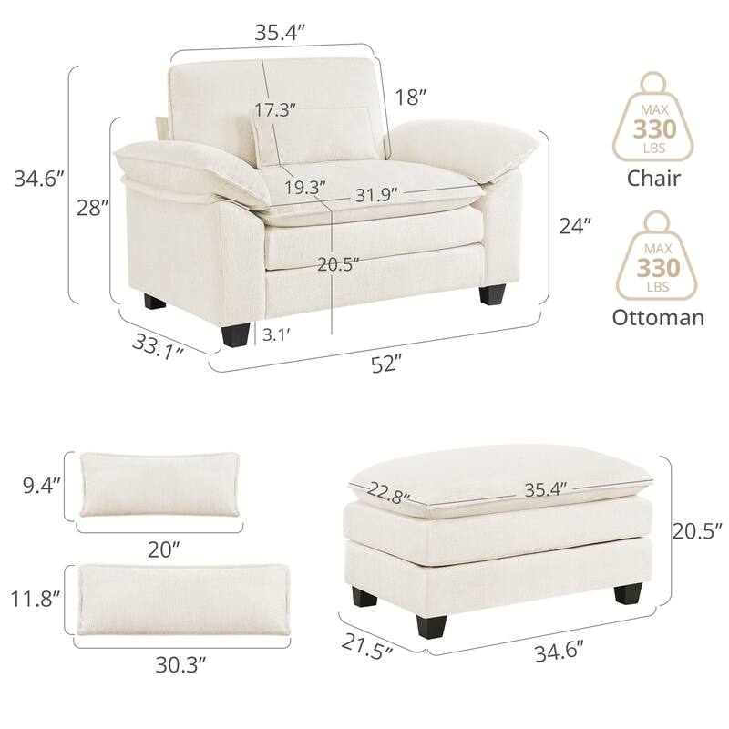 52" W Oversized Accent Chair With Ottoman, Chenille Single Sofa Bed ,Chaise Lounge Chair Indoor,Reading Chairs For Living Room