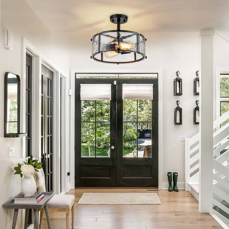 Starsky 2-Light 13in. Modern Caged Drum Semi Flush Mount with Textured Glass Shade