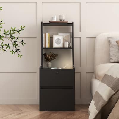 Modern Smart Nightstand with Wireless Charging & Adjustable Night Light – Bedside Table with Storage Cabinet and Open Shelf
