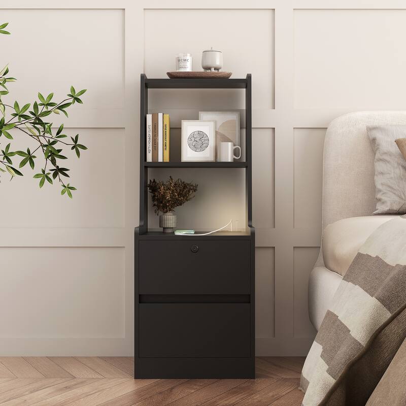 Nightstand With Charging Station, Smart Nightstand With Night Light, Modern Night Stand With Bookshelf