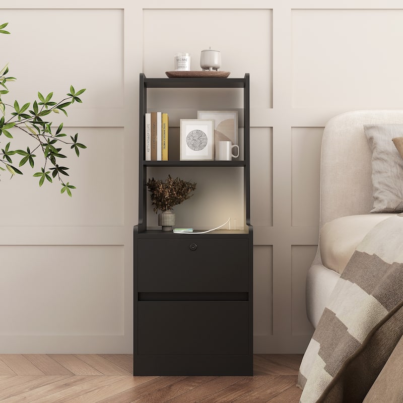Nightstand with Charging Station,with Night Light,Modern Night Stand with Bookshelf,Bedside Tables with Storage Cabinet