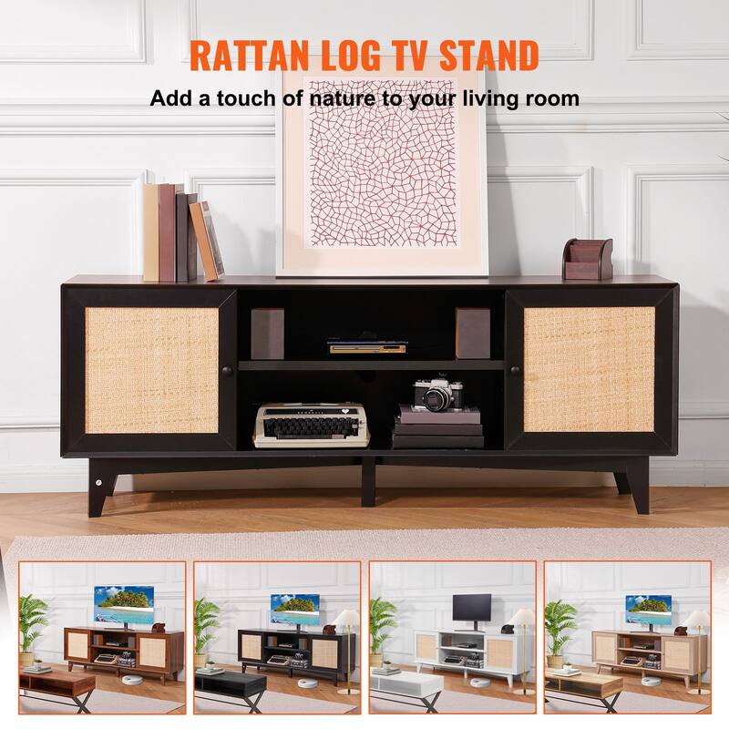 Rattan TV Stand for 75 Inch TV Mid Century Modern Cabinet with Storage - 17.4x17.4x13.8in