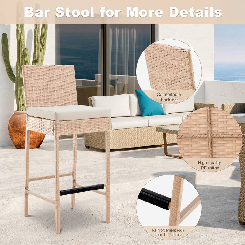 Rattan Bar Stools Set of 2, Armless Wicker Bar Stools with Cushions, All-Weather Outdoor Bar Height Stools for Patio, Poolside