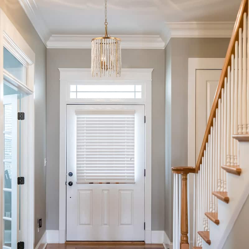 Mid-century Modern Chandelier Drum Pendant Light with Distressed White Wood Beads Bedroom Entryway Dining room - D 12.5"x H 23"