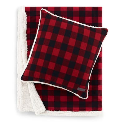 Eddie Bauer Cabin Plaid Red Sherpa Throw and Pillow Set