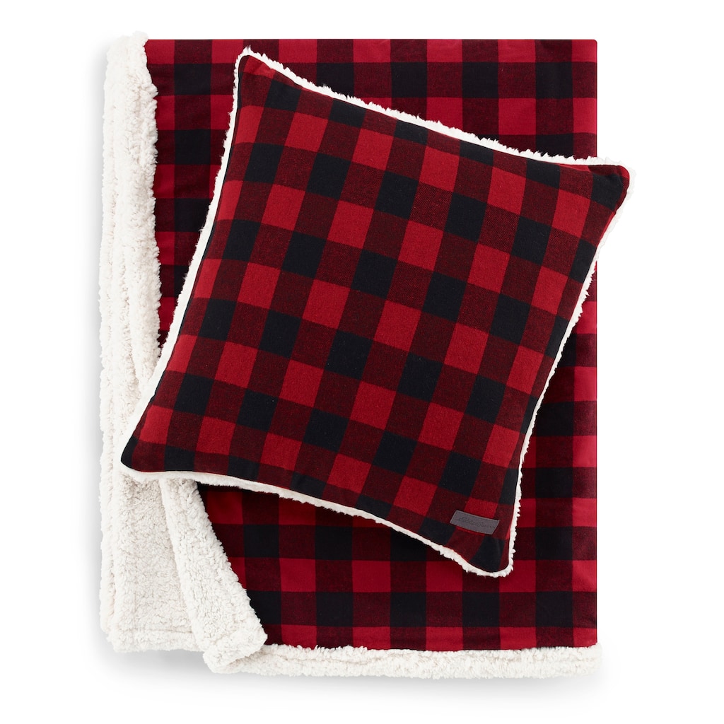 Eddie Bauer Cabin Plaid Red Sherpa Throw and Pillow Set