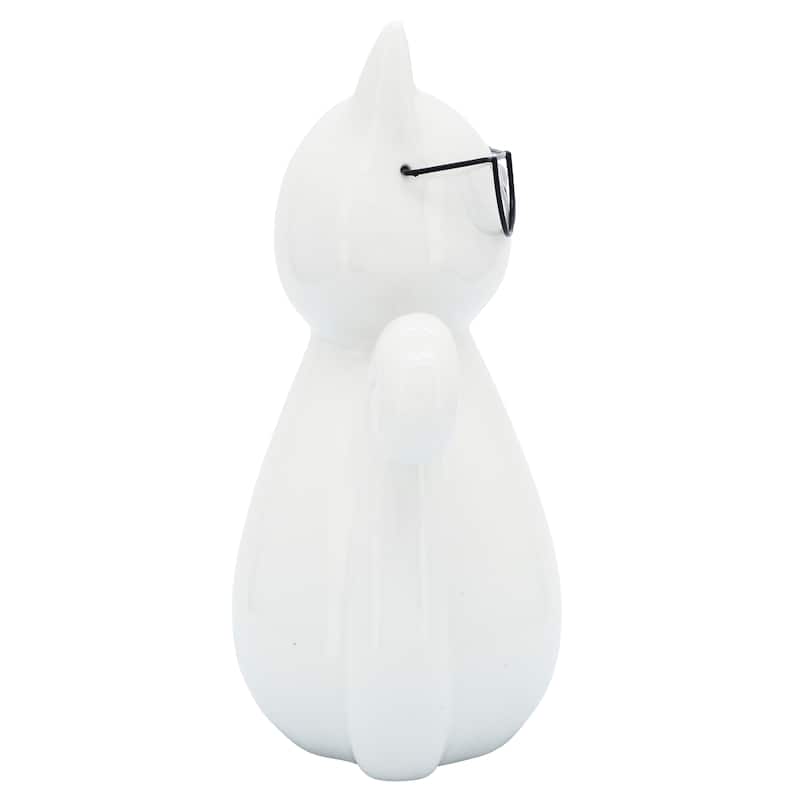 Sagebrook Home Porcelain Cat Statue White Kitty with Glasses Decorative Sculpture