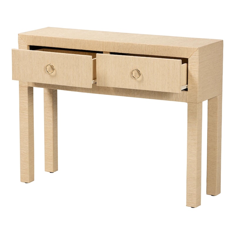 Noah Grasscloth 2-Drawer Console Table - Woven Texture Entryway Table with Gold Ring Pulls, Narrow Hallway or Living Room Accent