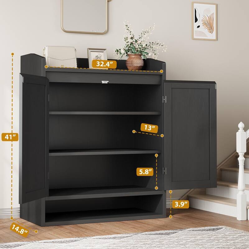 Rattan Shoe Cabinet with 2 Doors, 5-Tier Wooden Shoe Storage Organizer