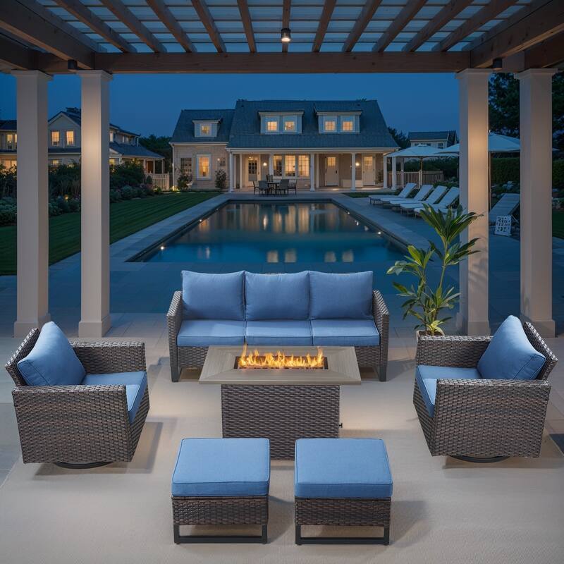 Outdoor Sofa with Swivel Chair Ottomans and Fire Pit Table - Blue cushion - Brown - Blue - Brown