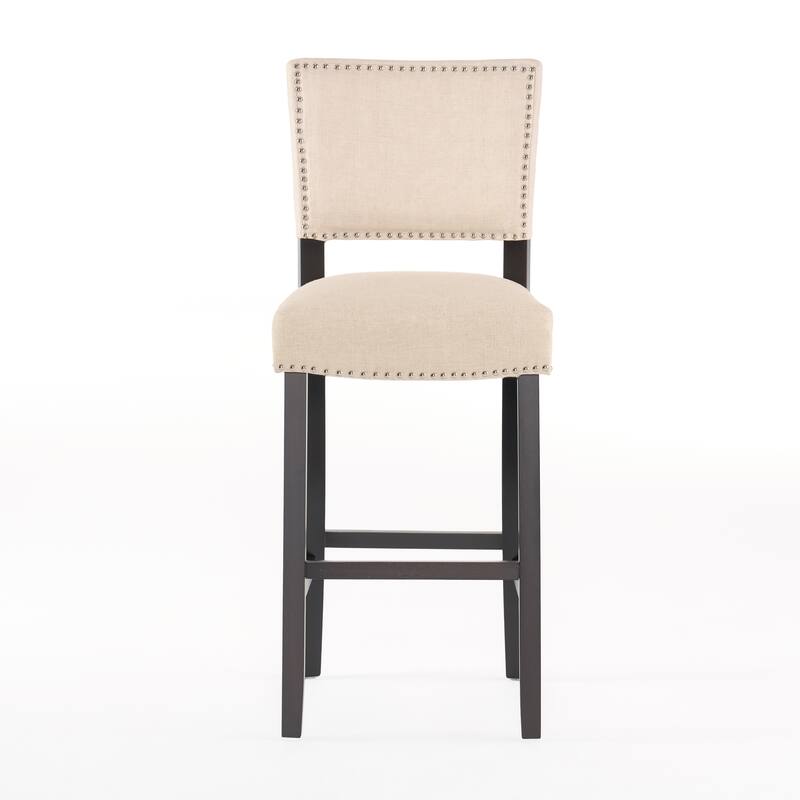 Set of 2 Upholstered Bar Stools with Wood Frame & Rivet Details, Padded Fabric Cushion for Kitchen & Dining