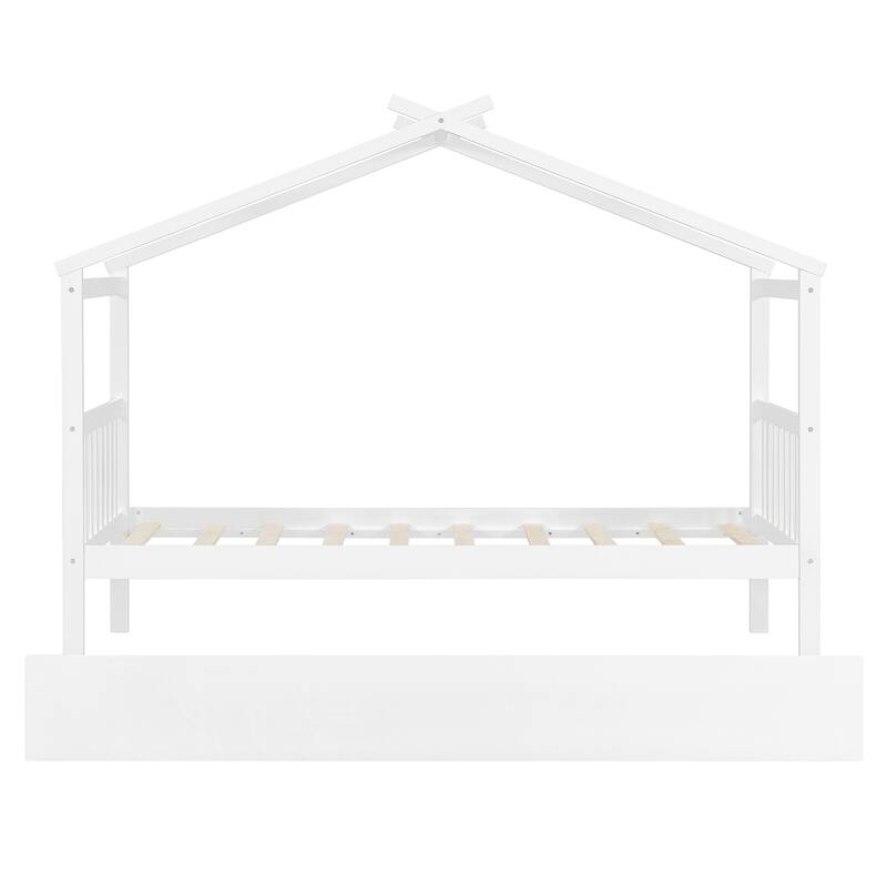 Solid Wood House Platform Bed Frame with Trundle Bed and Roof