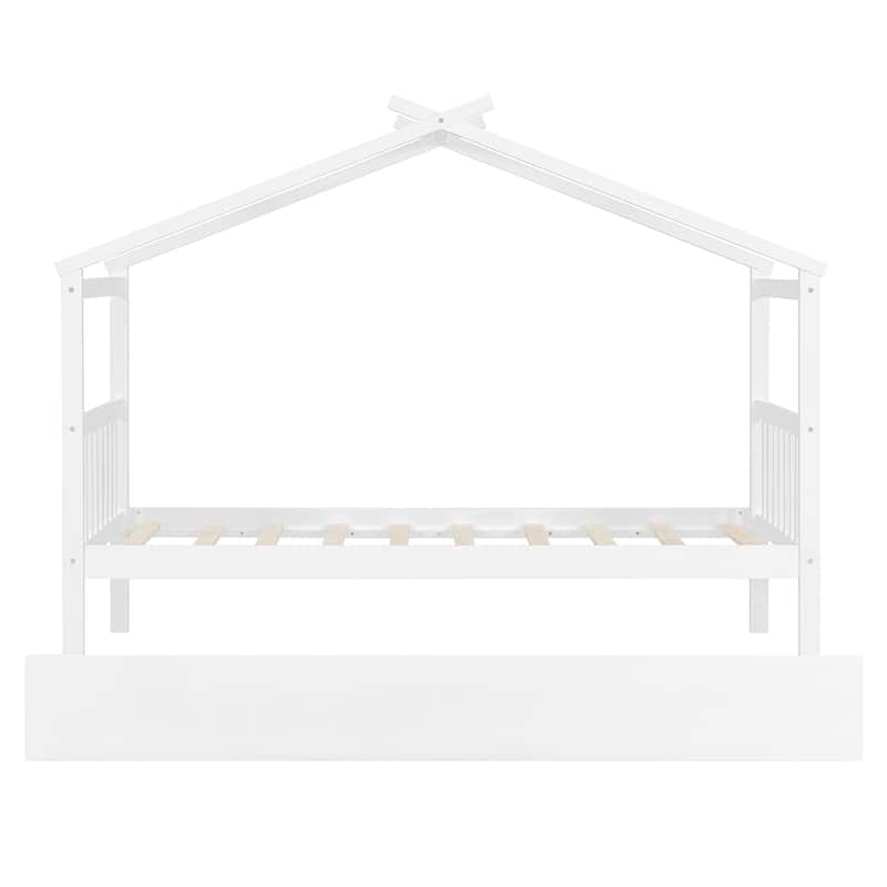 Twin Size Wooden House-Shaped Bed With Twin Size Trundle