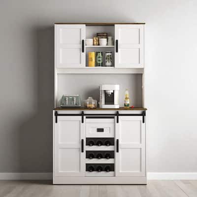 72" Farmhouse Bar Cabinet with Sliding Barn Door, Storage Sideboard with USB & AC Ports, Rustic Kitchen Buffet