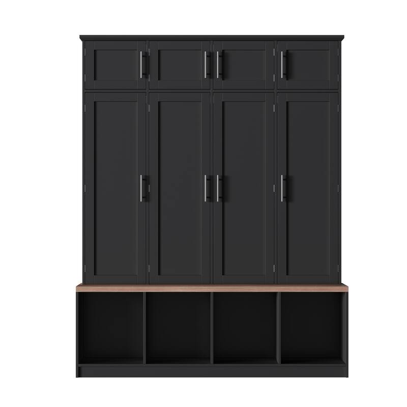 Farmhouse Hall Tree with Bench - 4 Hidden Hooks & 8-Door Shoe Storage Cabinet - Entryway Organizer for Living Room