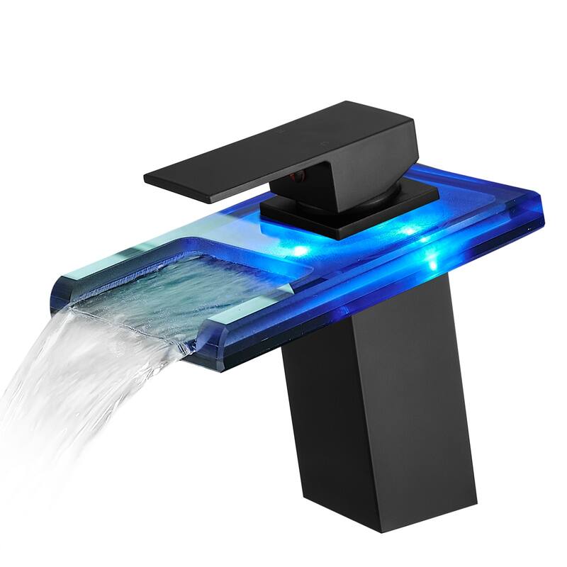 Bathroom Sink Faucet LED Light Changing Waterfall Glass Spout Mixer Single Handle One Hole Deck Mounted Bathroom Faucet - Black