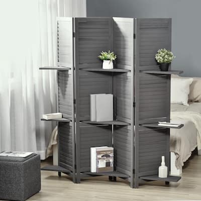 4-Panel Wood Folding Room Divider Privacy Screens with Storage Shelves