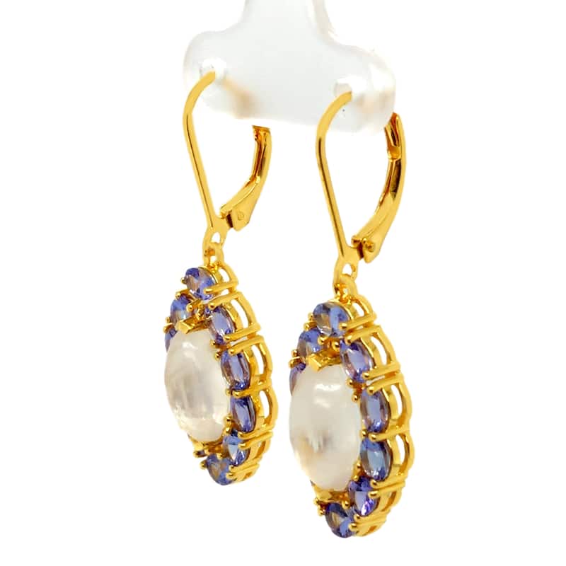 18k Yellow Gold Over Sterling Silver Rainbow Moonstone And Tanzanite Gemstone Drop And Dangle Earrings