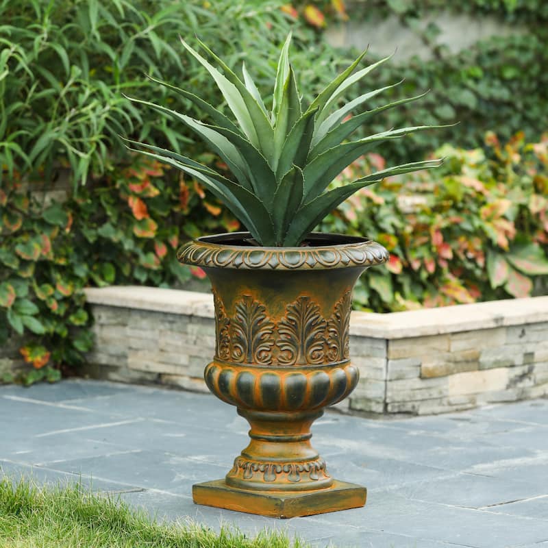 Handmade Weathered Brown Fiber Stone Tall Urn Planter Pots - 19.9" H x 15.9" Diameter