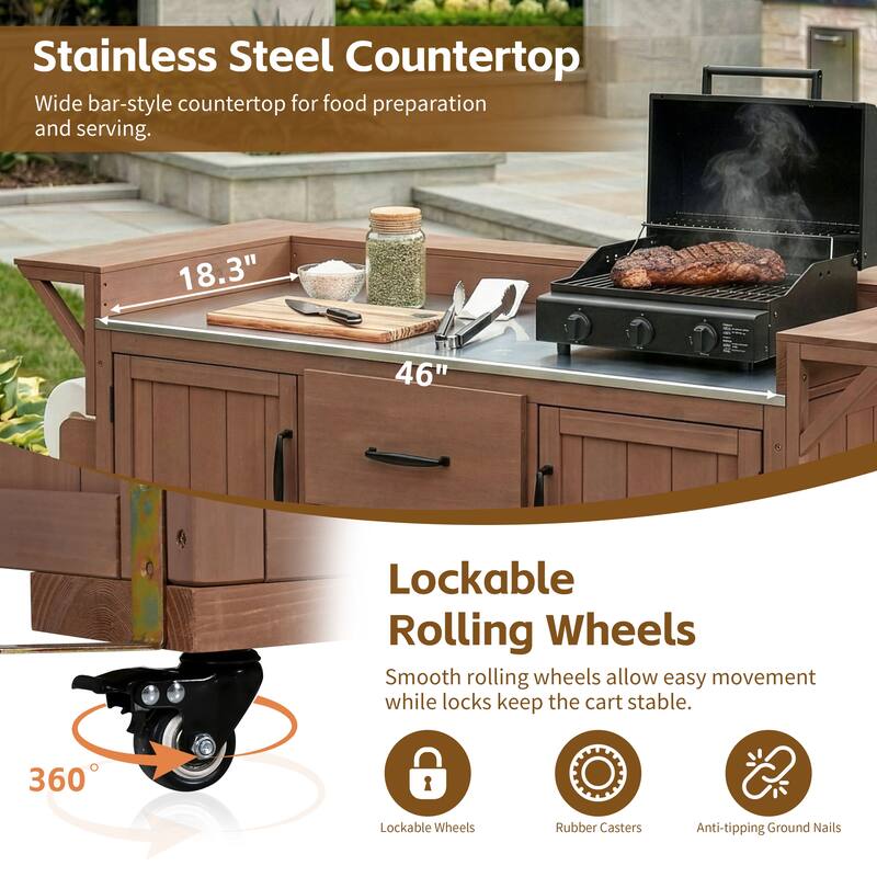 Roomfitters Outdoor Grill Cart and Kitchen Island, Stainless Steel Top, Portable Potting Bench with Storage, Wheels