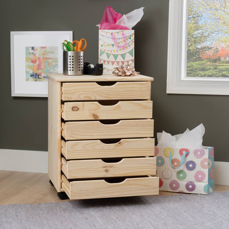 6-Drawer Wooden Storage Cabinet with Wheels - 25.75" - Beige