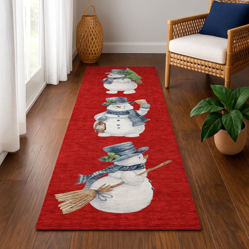 Premium Washable Super Soft Winter Holiday Snowman Mayfield Rug - Red - 2'3" x 7'6"