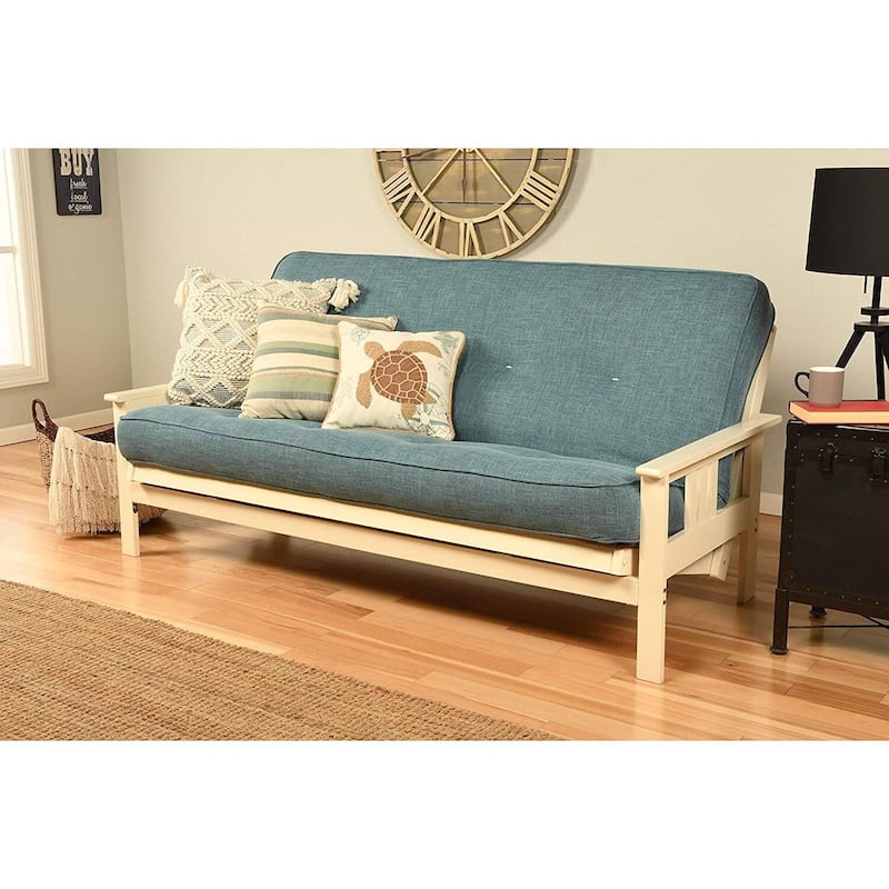 Full Size Futon Frame - Modern Sofa Bed - Hardwood Futon - Linen Aqua Mattress Included