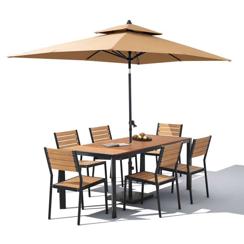 9-Piece Outdoor Patio Dining Set Wood Like Aluminum Umbrella Hole Table with Stackable Chairs, Market Umbrella and Base