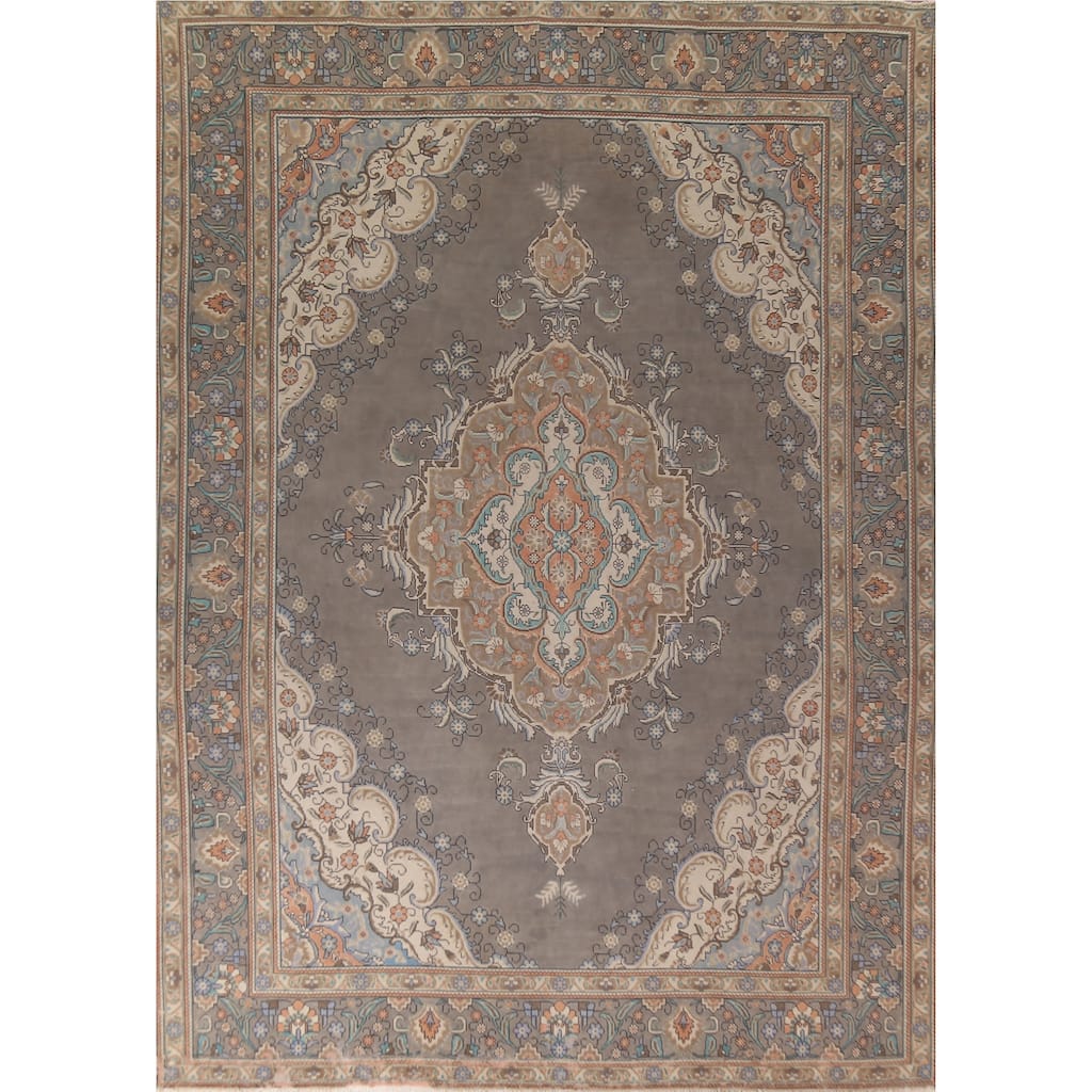 Gray Tabriz Persian Vintage Area Rug Hand-Knotted Oriental Wool Carpet - 9'8"x 12'9"