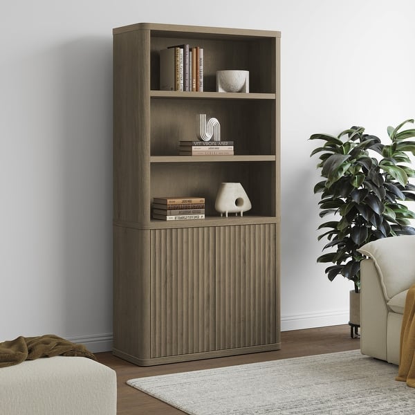 slide 2 of 11, Modern 6-Tier Bookcase With 2 Fluted Doors And Adjustable Shelves 70.87 x 32.28 x 13.98 - Grey