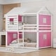 preview thumbnail 21 of 37, Full Size Solid Wood Kids Bed Bunk Wood House Bed with Tent Pink+White